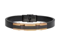Pulsera de diseño moderno compuesta por una banda de cuerina negra con textura y una pieza central rígida de acero inoxidable con acabado en tono oro rosa y detalles en negro. Cuenta con un cierre de seguridad de acero inoxidable.
