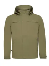 Campera impermeable verde oliva con capucha desmontable, cierre frontal con broches y bolsillos laterales con solapa.