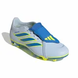 Championes de fútbol Adidas Predator Club, modelo con lengüeta plegable, color celeste con detalles en azul y amarillo neón.