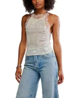 Top cubierto de lentejuelas iridiscentes, con escote halter y borde de encaje tipo pestaña. La espalda es estilo racerback con encaje delicado.