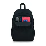 Mochila JanSport Slouch Pack negra con un compartimento principal, bolsillo delantero grande, funda interna acolchada para laptop de 15 pulgadas, bolsillos laterales dobles para botellas de agua, panel trasero completamente acolchado y correas para el hombro acolchadas.