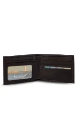 Billetera de cuero color marrón con galón elastizado en colores rojo, verde y blanco. En el interior cuenta con compartimento para billetes, visor y tarjeteros.