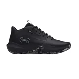 Championes de básquetbol Under Armour modelo Lockdown, color negro con detalles en gris. Presentan un diseño de corte medio con el logo de la marca en el lateral y una suela con patrón texturizado en blanco y negro.