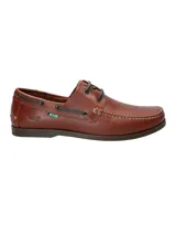 Mocasín de cuero color marrón RKF modelo Costa, con cordones y costuras visibles en contraste, ojales metálicos y suela de goma.