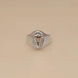 Anillo de sello con diseño de caduceo médico, elaborado en plata 925 con aplique central en oro 18k. Presenta un acabado texturizado en el fondo del emblema.