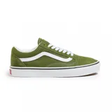 Championes Vans modelo Old Skool color verde oliva, con la icónica banda lateral blanca, confeccionados en una combinación de gamuza y lona, con suela de goma vulcanizada.