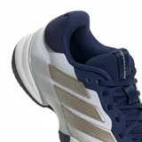 Championes Adidas Barricade 14 de color blanco con detalles en azul marino y las tres franjas laterales en tono dorado. Cuenta con tecnología Lightstrike Pro en la suela y una estructura de malla transpirable para mayor soporte y comodidad.