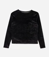 Blusa de manga larga confeccionada en tule con textura aterciopelada, de corte ajustado y escote canoa. Incluye forro interno para mayor cobertura.