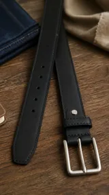Cinto de cuero negro con acabado liso, hebilla metálica plateada de diseño rectangular y pasador a juego.