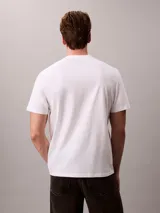 Remera de algodón blanca de corte regular con cuello redondo y mangas cortas. Presenta un estampado gráfico frontal con el logotipo de Calvin Klein en tono oscuro.