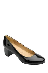 Zapato de vestir Flexi para mujer, color negro charol, con punta redonda y tacón cuadrado.