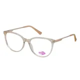 Anteojos de receta MDQ con armazón de acetato transparente en tono grisáceo y patillas metálicas delgadas en color dorado.