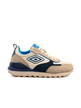 Championes Umbro Venturi para hombre, confeccionados en cuero y malla. Diseño en tonos beige, azul marino y detalles en azul vibrante, con suela dentada de EVA y TPR.