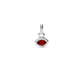 Dije charm plateado con forma de ojo y cristal rojo.