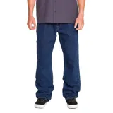 Pantalón de denim azul oscuro de corte recto con diseño utility, tiro medio, bolsillos laterales adicionales y trabillas para cinturón.