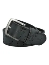 Cinturón de cuero gris RKF, modelo Fantini, con perforaciones decorativas, hebilla metálica de color plata envejecida y presilla con logo grabado.