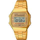 Reloj digital Casio A168WG-9WDF de la línea Vintage, con caja y correa de acero inoxidable color dorado. Cuenta con cronómetro, alarma, calendario, formato 12/24 horas, luz y resistencia al agua.
