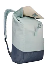 Mochila Thule Lithos de 16 litros, con diseño bicolor en tonos verde agua y gris oscuro. Cuenta con solapa superior ajustable con cierre de broche, compartimento acolchado para laptop, bolsillo lateral para botella y panel posterior acolchado para mayor comodidad.