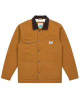 Campera de estilo workwear color camel, confeccionada en canvas resistente con interior de corderito sherpa. Presenta cuello de pana en color marrón oscuro, cierre frontal con botones metálicos color cobre, cuatro bolsillos frontales y un bolsillo interior.