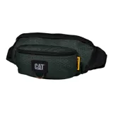 Riñonera Caterpillar color verde oscuro con estampado geométrico sutil. Cuenta con dos compartimentos principales con cierre, bolsillo trasero oculto, correa ajustable y logo de la marca en el frente.