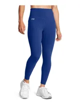 Calza deportiva Under Armour de tiro alto, color azul, con cintura ancha y bolsillo lateral. Confeccionada en tejido de doble punto elástico con tecnología de absorción de sudor.