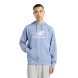 Canguro celeste con capucha y cordones ajustables, bolsillo tipo canguro y logo de New Balance estampado en blanco en el pecho.