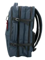 Mochila RKF azul marino de poliéster reciclado repelente al agua, con tres compartimentos independientes con cierre cremallera, compartimento para laptop de 15 pulgadas, triple bolsillo frontal con cierre cremallera, mango lateral para usar como maletín, correas ajustables, almohadillas en la espalda, pasador para maleta y broches laterales.