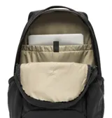 Mochila negra de 30 litros con compartimento principal y funda interior acolchada para portátil, bolsillos laterales de malla para botellas y panel trasero transpirable.