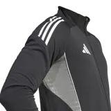 Campera deportiva Adidas Tiro 25 Competition, color negro con detalles en blanco. Cuenta con cierre frontal completo, cuello alto, tecnología AEROREADY y corte entallado.