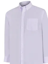 Camisa de manga larga para hombre de la marca RKF, color lila con patrón de rayas finas, cuello abotonado y bolsillo en el pecho con logo bordado.