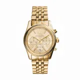 Reloj Michael Kors modelo Lexington, color dorado, con caja de acero inoxidable de 38mm, esfera dorada con números romanos, cronógrafo, cristal mineral resistente y pulsera de eslabones con cierre desplegable. Resistente al agua hasta 100 metros.