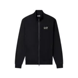 Campera deportiva EA7 Emporio Armani de color negro, con cierre frontal completo, cuello alto y logo de la marca estampado en color dorado en el pecho.