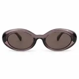 Lentes de sol con armazón ovalado de acetato traslúcido en tono gris oscuro y lentes oscuros.