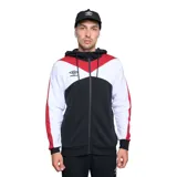 Campera deportiva Umbro con cierre frontal, capucha con cordones ajustables y diseño tricolor en bloques negro, blanco y rojo. Cuenta con el logo de la marca bordado en el pecho.