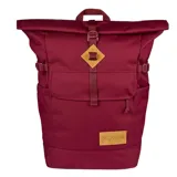 Mochila Jansport modelo Hatchet Rolltop, color bordó, con cierre superior enrollable y hebilla ajustable. Presenta un bolsillo frontal con solapa y un parche de cuero con el logo de la marca.