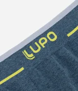 Calzoncillo bóxer azul de poliamida sin costuras, con cintura elástica gris y logo Lupo amarillo.
