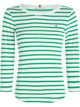 Blusa de algodón Tommy Hilfiger con diseño de rayas horizontales verdes y blancas, de corte slim, cuello redondo y mangas tres cuartos. Cuenta con el logo de la marca bordado en el pecho.