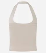 Blusa frente única de microfibra color beige, con escote cuadrado y breteles que se ajustan al cuello. Diseño sin mangas y espalda descubierta.