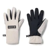 Guantes Columbia modelo Helvetia II Sherpa, confeccionados en suave polar sherpa de color gris claro con inserciones negras en las palmas y dedos, compatibles con pantallas táctiles y con logotipo de la marca bordado en el dorso.