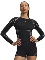 Remera térmica deportiva Under Armour HeatGear Elite LS de manga larga, color negro con costuras planas en color gris claro. Presenta diseño entallado con cuello redondo y el logo de la marca estampado en el pecho.