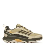 Championes de trekking Merrell Speed Strike 2 para hombre, en tonos beige, marrón y verde militar, confeccionados con malla transpirable y refuerzos sintéticos, con suela dentada para mayor tracción y cordones bicolores.