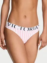 Tanga de microfibra con diseño de rayas verticales blancas y rosadas, con pretina elástica blanca y el logo de la marca estampado en negro.