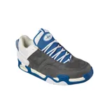 Championes de skate éS modelo Evant x Tiribo, con diseño robusto en combinación de colores azul, gris y blanco. Presentan paneles de gamuza gris, detalles en cuero blanco y una suela técnica con unidad de aire visible en el talón.