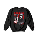 Buzo negro de cuello redondo con estampado gráfico de la película Scream en el frente. Presenta al icónico personaje Ghostface con un cuchillo y escenas de la película, junto con frases temáticas.