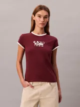 Remera Calvin Klein de color bordó, corte ajustado y manga corta. Presenta cuello redondo y ribetes en las mangas de color blanco en contraste, además de un estampado gráfico en el pecho con el nombre de la marca y el año 1968.