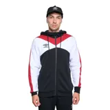 Campera deportiva Umbro con cierre frontal, capucha con cordones ajustables y diseño tricolor en bloques negro, blanco y rojo. Cuenta con el logo de la marca bordado en el pecho.