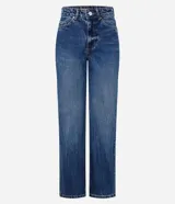 Pantalón de jean azul clásico de corte recto, con tiro alto, presillas para cinto y bolsillos funcionales.