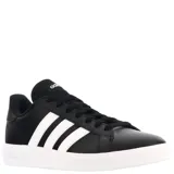 Championes urbanos Adidas Grand Court Base 2.0, color negro con las icónicas tres tiras laterales en blanco y suela de goma blanca. Diseño clásico de inspiración tenística con cierre de cordones.