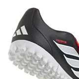 Championes de fútbol Adidas Predator Club FT TF, color negro con detalles en blanco y lengüeta plegable en color rojo. Diseñados con suela de goma con tapones pequeños ideales para superficies de césped sintético.
