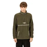 Buzo de polar tipo sherpa color verde oliva, con cuello alto y cierre frontal parcial. Presenta detalles de cinta tejida con diseño geométrico en el cuello, pecho y bolsillos laterales. Incluye logo de la marca bordado en el centro del pecho.